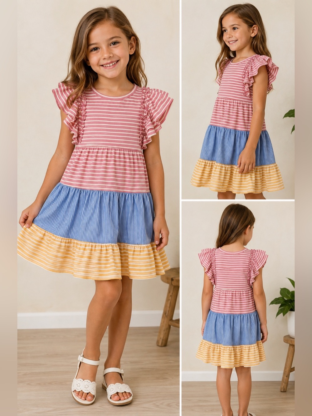Girls' Pink, Blue & Yellow Tiered Stripe Dress